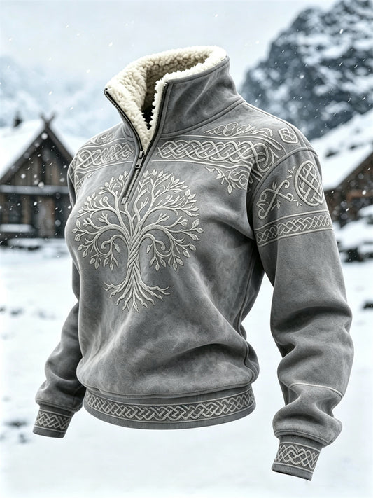 Damski top w stylu vintage z motywem drzewa życia wikingów i celtyckim węzłem, z futrzanym kołnierzem