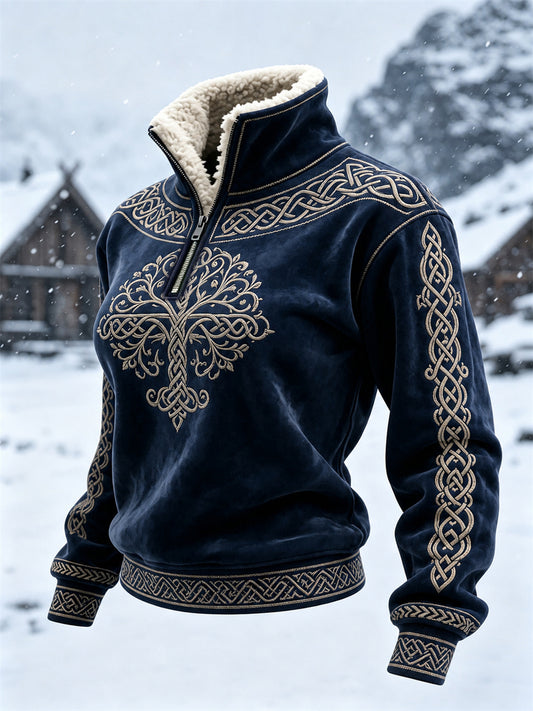Damskie Vintage Viking Tree of Life Celtic Knot Fur Collar Top