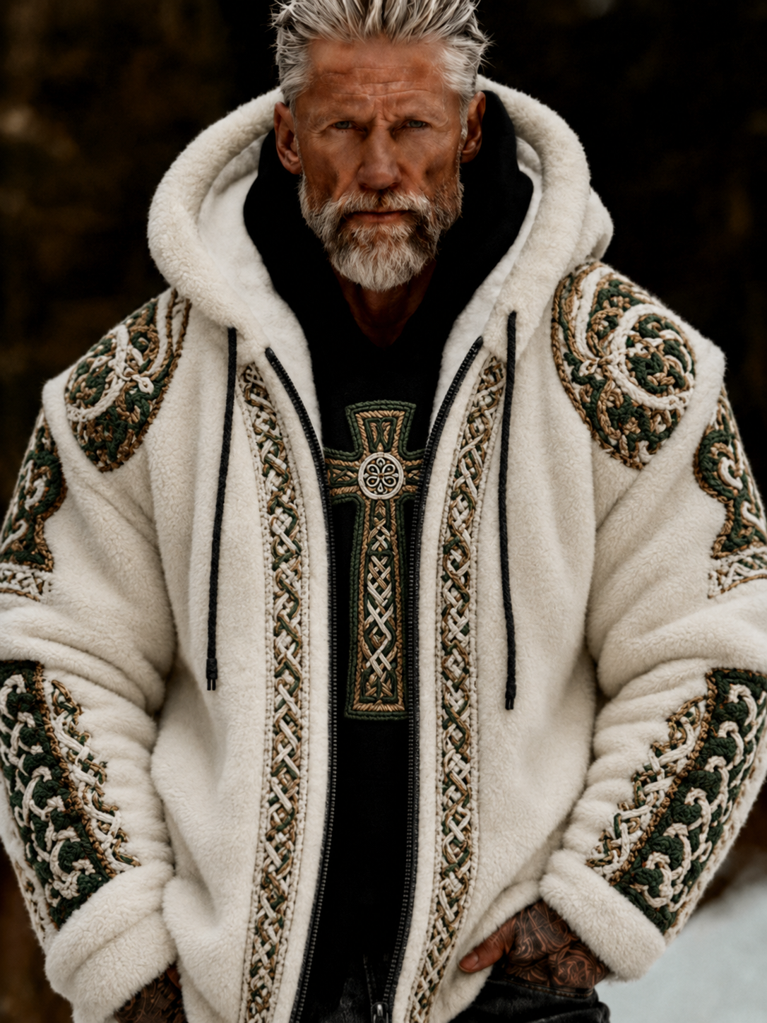 Męska pluszowa pluszowa kurtka z kapturem Viking Celtic Art Przytulna ciepła zapinana na zamek