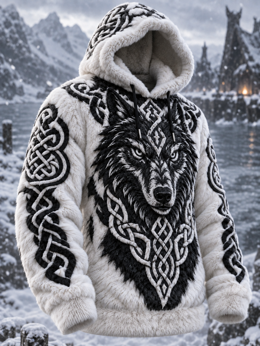 Męska ciepła bluza z kapturem Viking Wolf w stylu vintage