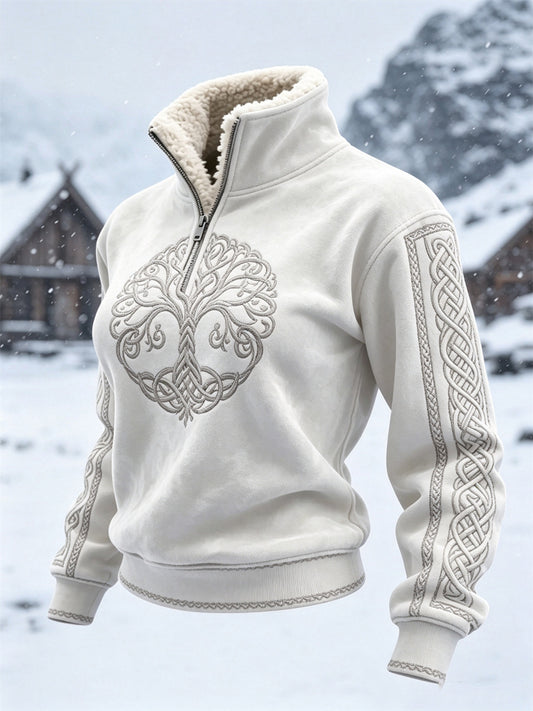 Damski top w stylu vintage z motywem drzewa życia wikingów i celtyckim węzłem, z futrzanym kołnierzem