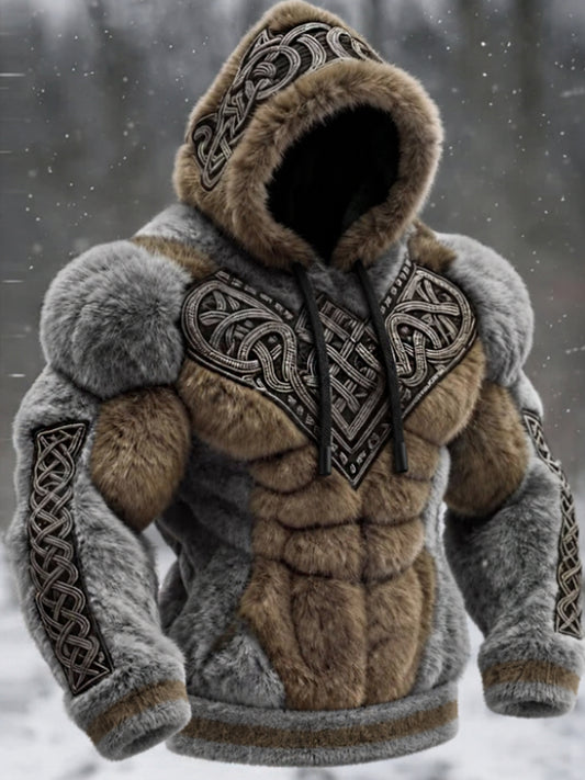 Męska Viking Tribal Jacquard Celtic Knot Muscle Line Inspirowana artystyczna flanelowa ciepła bluza z kapturem