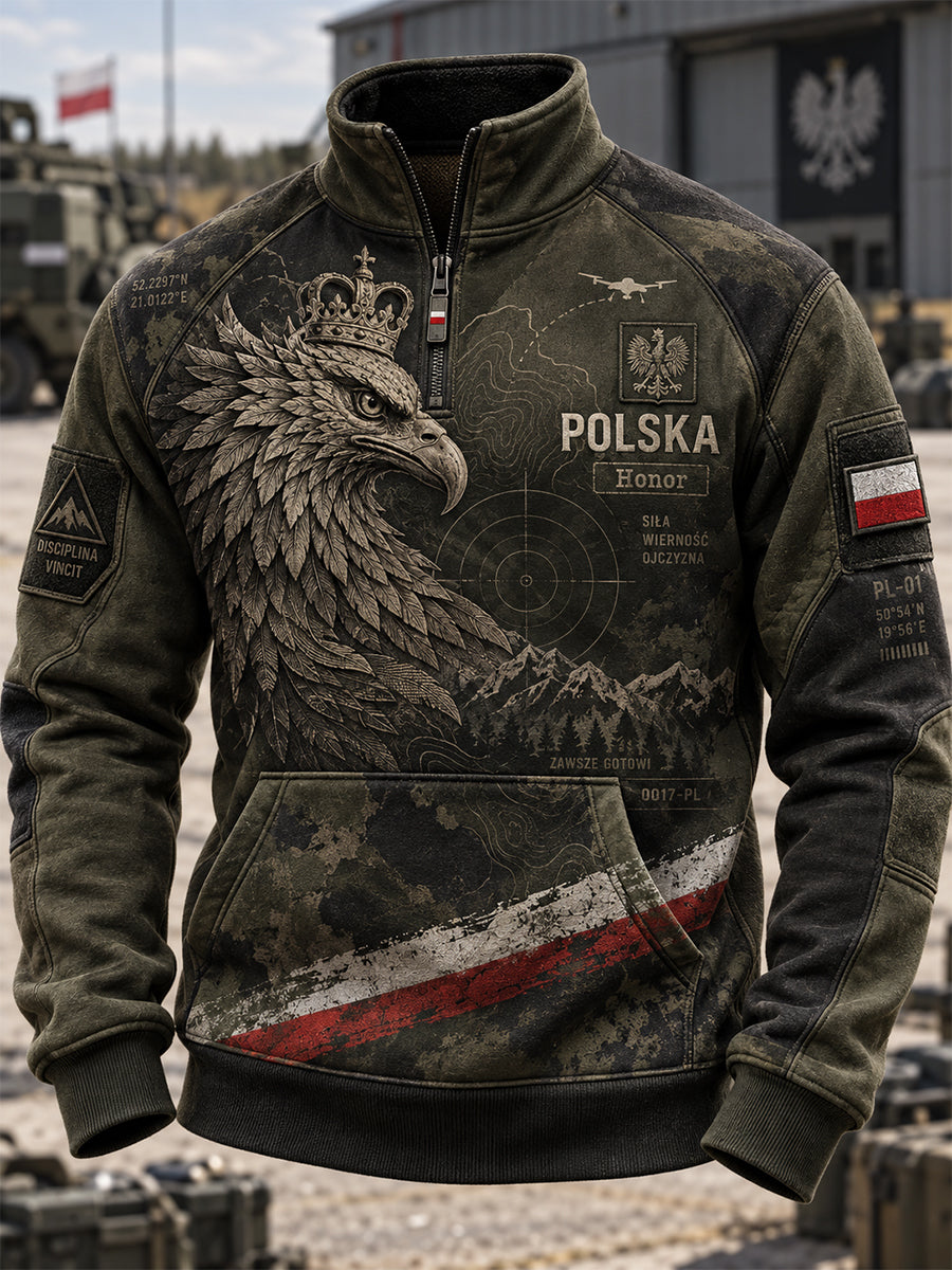 Męska bluza polskiej kultury wojskowej z półzapinającym się zamkiem i stójką