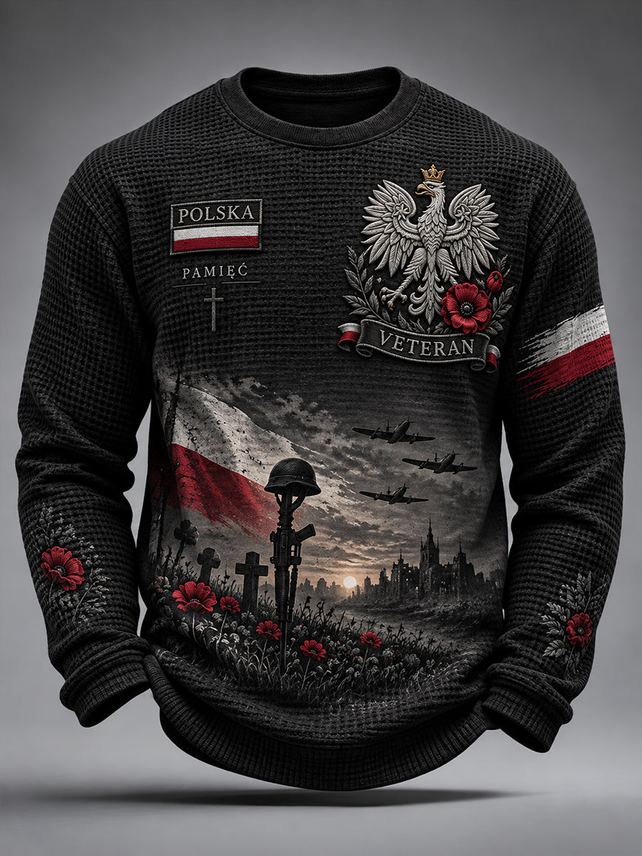 Męski waflowy t-shirt z długim rękawem w stylu polskiej kultury wojskowej