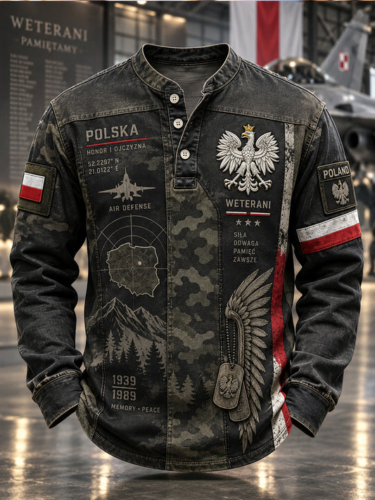 Męski koszulka z guzikami w stylu polskiej kultury wojskowej, na co dzień