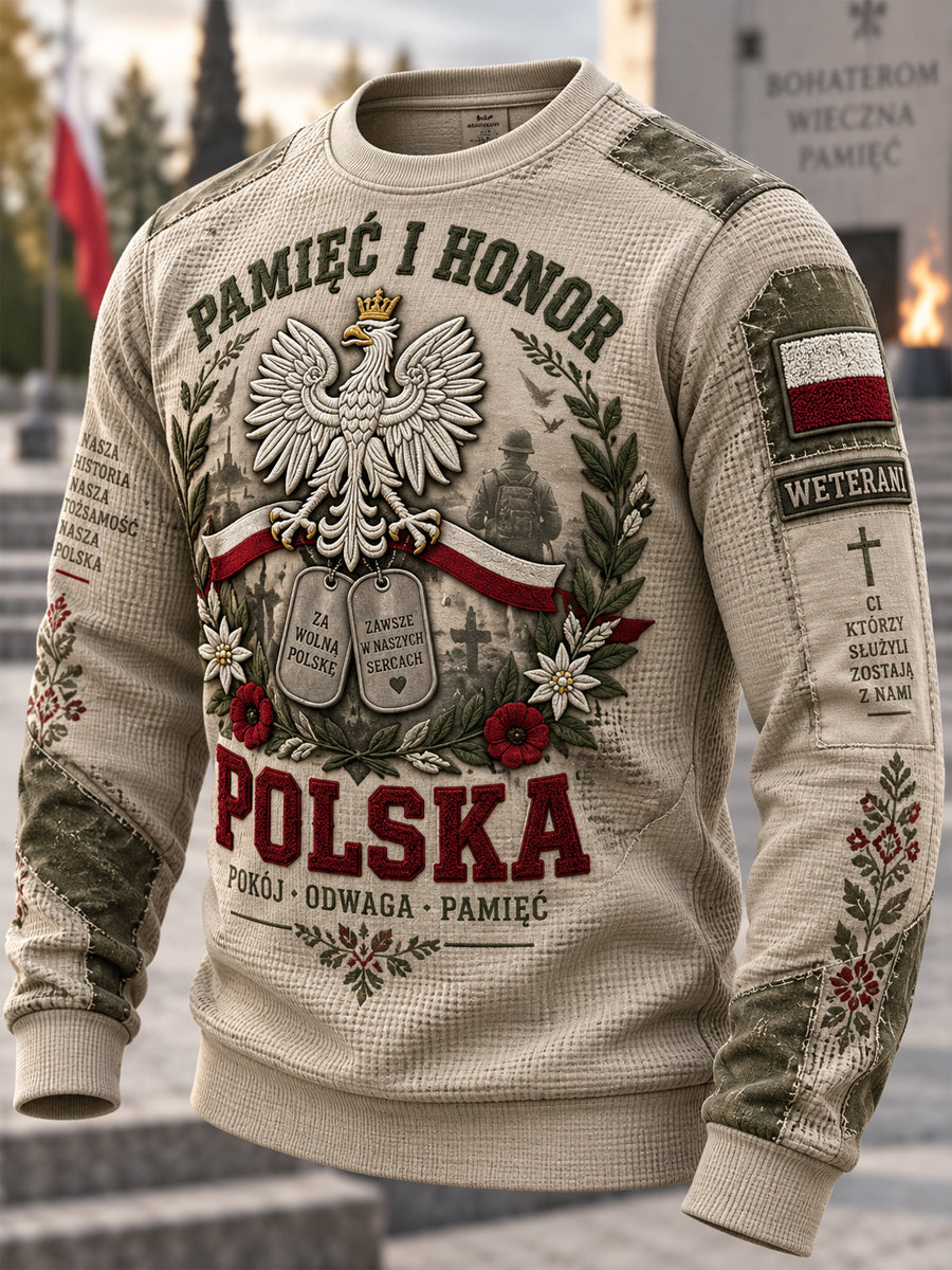 Męski waflowy t-shirt z długim rękawem w stylu polskiej kultury wojskowej