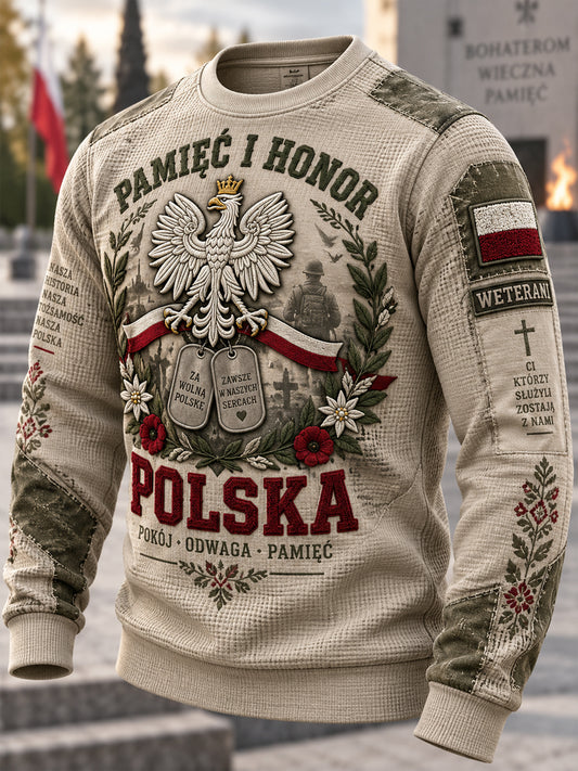 Męski waflowy t-shirt z długim rękawem w stylu polskiej kultury wojskowej