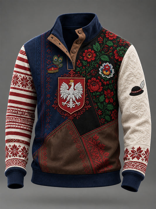 Męska bluza z kapturem w stylu polskiej kultury, z czterema guzikami