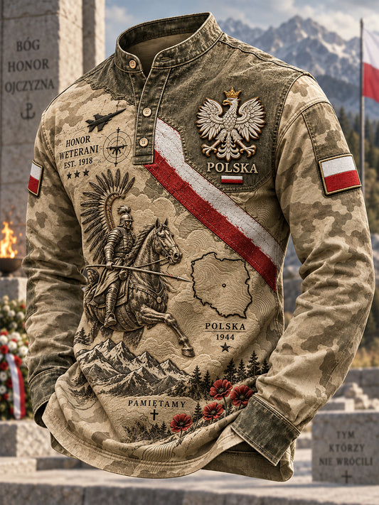 Męski koszulka z guzikami w stylu polskiej kultury wojskowej, na co dzień