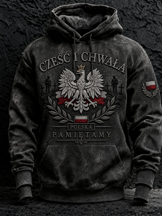Męska kurtka wojskowa z kapturem o luźnym kroju i opadającymi ramionami, z kieszeniami