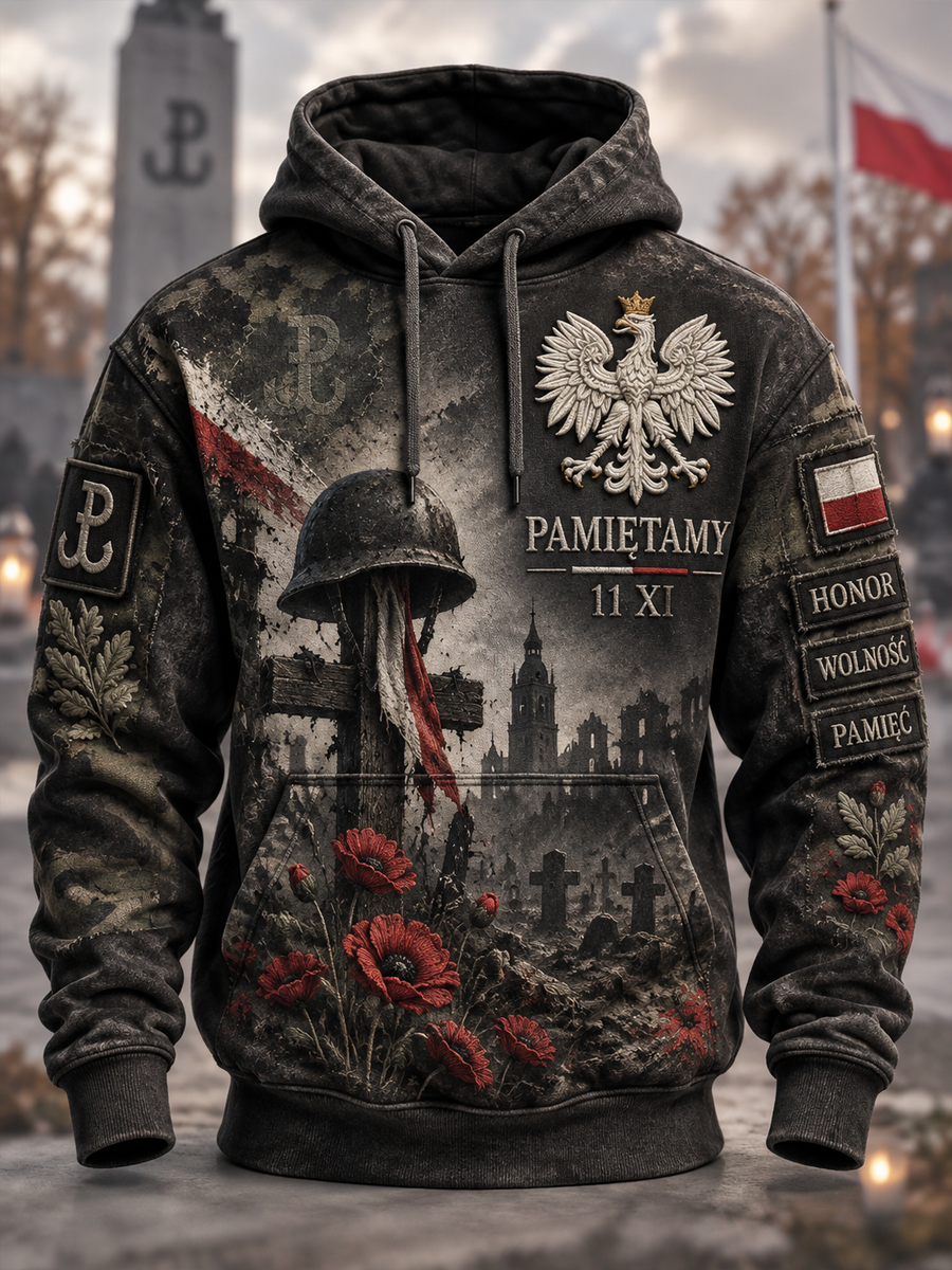 Męska kurtka wojskowa z kapturem o luźnym kroju i opadającymi ramionami, z kieszeniami