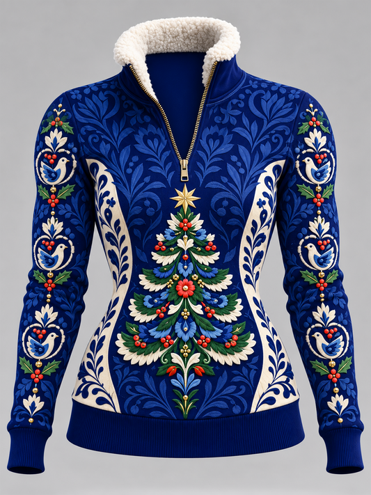 Women's Polish Christmas Art Fur Collar Top